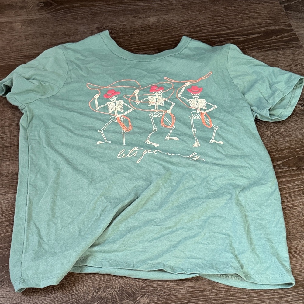 Green Graphic T-Shirt with Dancing Skeletons